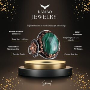 925 Ayar Katı Gümüş Erkek Yüzük, Doğal Malakit Taşı Yüzük, Aslan Başı Erkek Yüzük - Görsel 2