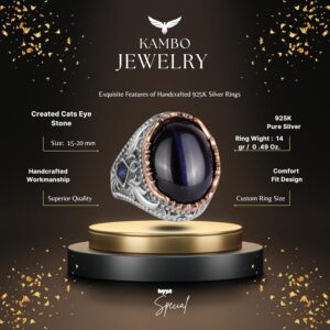 Yapay Taş Yüzük - El Yapımı Erkek Yüzüğü - Zarif 925 Ayar Gümüş Erkek Yüzüğü (Yapay Lacivert Kedi Göz) - Görsel 2