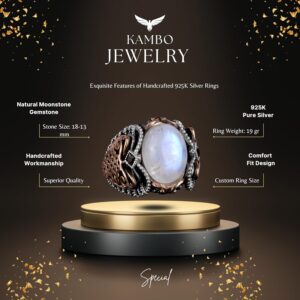 Gerçek Doğal Ay Taşı Taş Yüzük, 925 Ayar Gümüş Erkek Yüzük, Ay Işığı Tasarımı - Görsel 6