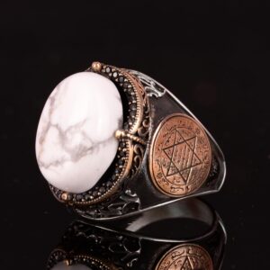 David Yıldızı Gümüş Yüzük, Doğal Howlite Taşı Yüzük - Sakinleştirici 925 Ayar Saf Gümüş Erkek Yüzük - Dikkatli Huzur Tasarımı - Görsel 7