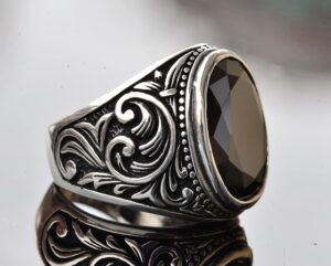 Doğal Obsidyen Taşlı El Yapımı 925 Ayar Gümüş Erkek Yüzük, Karmaşık Bant Tasarımı, Kendine Has Gümüş Yüzük - Görsel 5