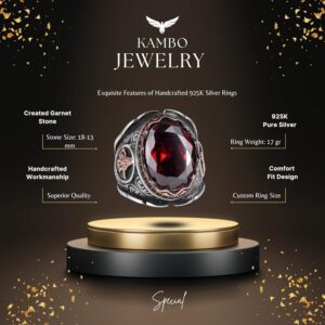 Osmanlı Tuğra Gümüş Yüzük, Oluşturulmuş Granat Taşlı Yüzük, 925 Ayar Gümüş Yüzük - Görsel 2