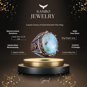 El Yapımı Doğal Larimar Taşı Yüzük, 925 Ayar Saf Gümüş Erkek Yüzüğü, Okyanus Huzuru Tasarımı - Görsel 6