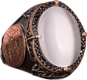 Davud Yıldızı Yüzüğü, Oluşturulmuş Taş Yüzük, 925 Ayar Gümüş Süleyman Yüzüğü (Beyaz Kedi Gözü Oluşturulmuş Taş) - Görsel 1