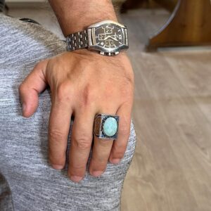 Gerçek Doğal Amazonit Taş Yüzük - 925 Ayar Gümüş İslami Yüzük - El Yapımı Hat Yüzük - Görsel 3