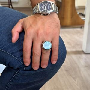 Gerçek Doğal Taş Yüzük - Sekizgen Tasarım - El Yapımı 925 Ayar Gümüş Takı (Larimar) - Görsel 3