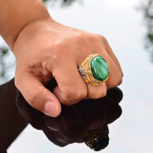 Doğal Malakit Taşı, 925 Ayar Gümüş Büyük Yüzük, Malakit Yüzük, Altın Kaplama - Görsel 7