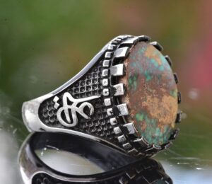 Gerçek Arizona Turkuaz Taşı Yüzük, Ali Yazılı Yüzük, Müslüman Yüzük, 925 Ayar Gümüş Yüzük - Görsel 4