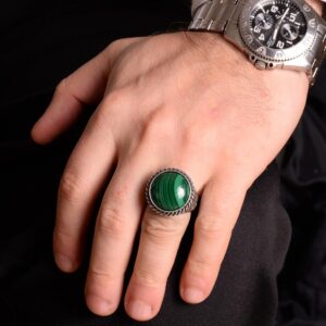 925 Ayar Gümüş Yüzük, Gerçek Doğal Malahit Taş Yüzük, Yuvarlak Erkek Yüzüğü - Görsel 3
