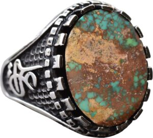 Gerçek Arizona Turkuaz Taşı Yüzük, Ali Yazılı Yüzük, Müslüman Yüzük, 925 Ayar Gümüş Yüzük - Görsel 1