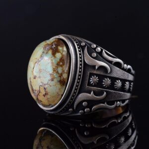 925 Ayar Gümüş Erkek Yüzük Doğal Arizona Turkuaz Taşı - Vintage Tasarım El Yapımı Takı - Görsel 6