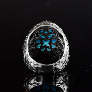 Erkekler için Doğal Mavi Akik Taşı Yüzük, 925 Ayar Gümüş El Yapımı Osmanlı Tarzı, Şifa Kristali Takı - Görsel 8