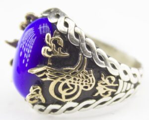 925 Ayar Gümüş Erkek Yüzük - Mavi Kaplan Gözü Taşı ile Osmanlı İmparatorluğu Tuğrası Tasarımı - Görsel 5