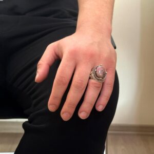 925K Ayar Gümüş El Yapımı Erkek Yüzük - Çeşitli Doğal Taşlarla Mevcut (Rhodonit) - Görsel 3