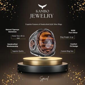 Osmanlı Tuğra Gümüş Yüzük, Doğal Taş Yüzük, 925 Ayar Gümüş Erkek Yüzük (Kaplan Göz) - Görsel 2