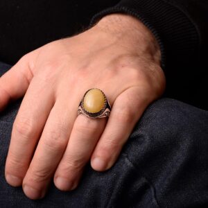 Erkekler için Doğal Sarı Akik Taşlı Yüzük, 925 Ayar Gümüş El Yapımı Vintage Tarzı - Görsel 7