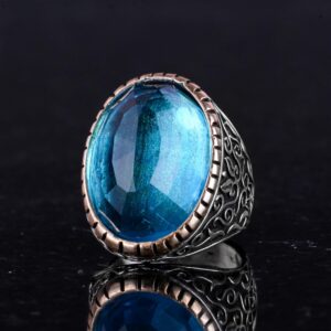 Yapay Taş Yüzük, 925 Ayar Gümüş Erkek Yüzük, Büyük Yüzük (Yapay Akuamarin Taşı) - Görsel 5