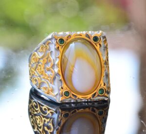 Doğal Sedef Taşlı Erkek Yüzük, El Yapımı Altın Oymalı Tasarım, 925 Ayar Gümüş Yüzük - Görsel 3