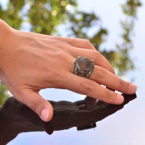 925 Ayar Gümüş Erkek Yüzük, Doğal Akik Taşı ile El Yapımı Vintage Tarzı Gümüş Yüzük - Görsel 6
