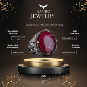 925 Ayar Gümüş El Yapımı Erkek Yüzük - Çeşitli Doğal Yakut Taşlı - Görsel 6