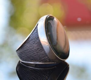 Gerçek Doğal Kan Taşı Yüzük, 925 Ayar Gümüş Erkek Büyük Yuvarlak Yüzük - Görsel 5