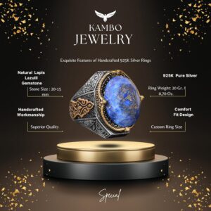 El Yapımı Vintage Tasarım Zümrüt Yüzük - 925 Ayar Gümüş Erkek Yüzük Altın Vurgularla (Sodalit) - Görsel 2