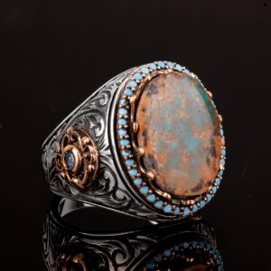 Erkekler için El Yapımı Doğal Arizona Turkuaz Taşı Yüzük, 925 Ayar Gümüş Yüzük, Sultan Yüzüğü (Model-9) - Görsel 6