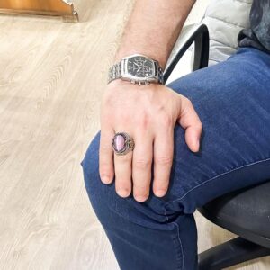 925 Ayar Gümüş Yüzük, Pembe Kedi Gözü Oluşturulmuş Taş Yüzük, Tasarım Gümüş Erkek Yüzüğü - Görsel 3
