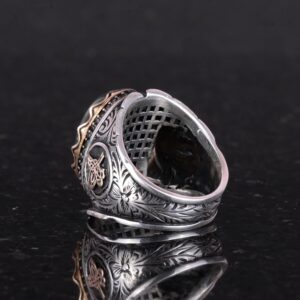 925 Ayar Katı Gümüş Erkek Yüzük, Yosunlu Akik Taş Yüzük, Osmanlı Tuğra Taş Yüzük - El Yapımı Şıklık - Görsel 5