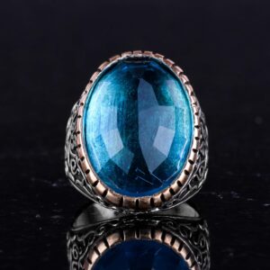 Yapay Taş Yüzük, 925 Ayar Gümüş Erkek Yüzük, Büyük Yüzük (Yapay Akuamarin Taşı) - Görsel 3