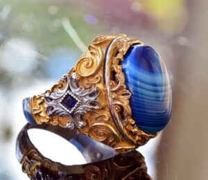 Doğal Mavi Akik Taş Erkek Yüzüğü, Altın Kaplama 925 Ayar Gümüş Yüzük, El Yapımı Gümüş Yüzük - Görsel 4