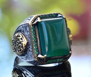 Doğal Yeşil Jade Taşı, Sterlin Gümüş Erkek Yüzük, Bizans İmparatorluğu Yüzüğü - Görsel 3