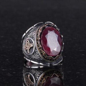 Osmanlı Tuğra Doğal Yakut Taş Yüzük, 925 Ayar Gümüş Yüzük Erkekler İçin - Görsel 3
