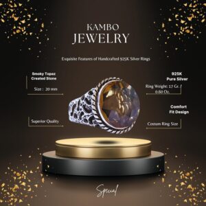 925 Ayar gümüş erkek yüzük, Yapay Dumanlı Topaz Taşı, Doğal organik yüzük - Görsel 2