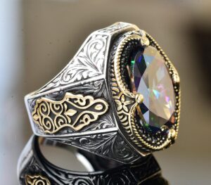 Erkekler için Yapay Mystic Topaz Taşlı, El Yapımı Gümüş Yüzük, 925 Ayar Gümüş Erkek Yüzük, Hediye İçin - Görsel 4