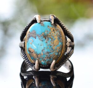 Doğal Arizona Turkuaz Taşlı 925 Ayar Gümüş Pençe Erkek Yüzük - Güç ve Denge Artırıcı - Görsel 2