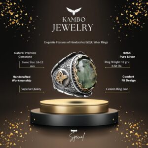925 Ayar Gümüş Erkek Yüzük, Doğal Prehnit Taşı, El Yapımı Tasarım, Yeşil Taş Yüzük Erkekler İçin - Görsel 2