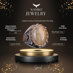 Doğal Cabochon Altın Rutilli Kuvars Taşı Yüzük, Mistisizm 925 Ayar Sert Gümüş Erkek Yüzüğü - Görsel 5