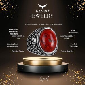 Doğal Kırmızı Kan Taşı Yüzük - 925 Ayar Gümüş Yüzük Erkekler İçin, Tasarım Erkek Gümüş Yüzük - Görsel 2