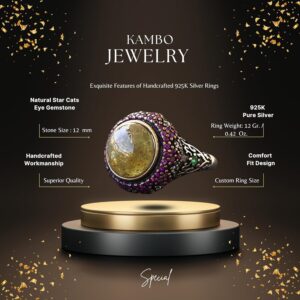 Doğal Yıldız Kedi Gözü Taşı Gümüş Unisex Sultan Yüzük - Kraliyet ve Gizemli - Görsel 2