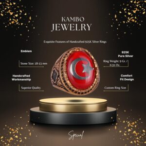 925 Ayar Gümüş Altın Kaplama Erkek Yüzük - Hilal ve Yıldız Tasarımı (Kırmızı) - Görsel 2