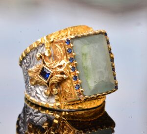 Doğal Akuamarin Taşlı El Yapımı Yüzük, Altın Kaplama Sterlin Gümüş Erkek Yüzüğü - Sakinlik ve Cesaret Sembolü - Görsel 4