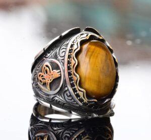 Doğal Kaplan Gözü Taşı ile El Yapımı 925 Ayar Gümüş Erkek Yüzük - Ayrıntılı Osmanlı Mühür Tasarımı - Taş Yüzük - Görsel 3