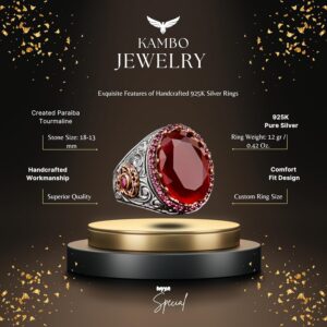 925 Ayar Gümüş Erkek Yüzük, Oluşturulmuş Paraiba Turmalin Taşı ile - Görsel 2