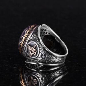 Osmanlı Tuğra Doğal Ametist Taşlı Yüzük, Gümüş Yüzük, 925 Ayar Sert Gümüş Erkek Yüzüğü - Görsel 5