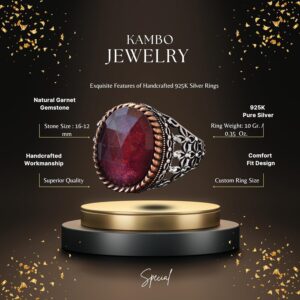 Gerçek Doğal Granat Taşı Yüzük, Sterling Gümüş Erkek Yüzüğü - Görsel 2