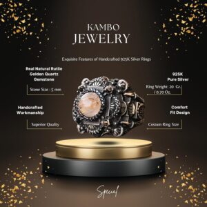 Gerçek Doğal Rutil Altın Kuvars Taşı Yüzük, İslam Yüzüğü, 925 Ayar Gümüş Yüzük, Camii Nakışlı 3D Tasarım - Görsel 2