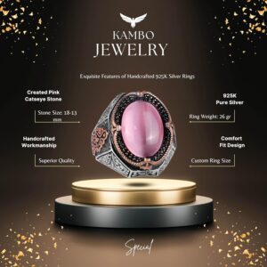 925 Ayar Gümüş Yüzük, Pembe Kedi Gözü Oluşturulmuş Taş Yüzük, Tasarım Gümüş Erkek Yüzüğü - Görsel 2