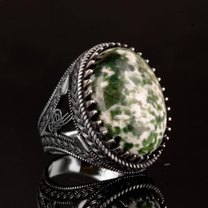 925 Ayar Gümüş Erkek Yüzük, Doğal Yeşim Taşı Yüzük, Oval Benekli Yeşim - Görsel 4