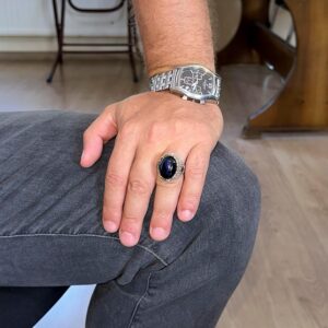 Yapay Taş Yüzük - El Yapımı Erkek Yüzüğü - Zarif 925 Ayar Gümüş Erkek Yüzüğü (Yapay Lacivert Kedi Göz) - Görsel 3